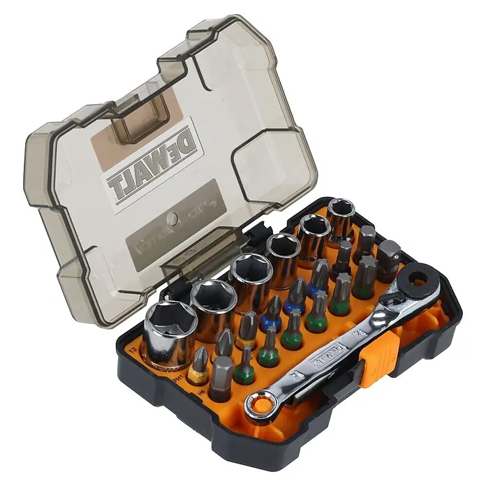 DeWalt Set de puntas McLaren - 24 pzs. - Juego de puntas y vasos DeWalt en estuche negro/naranja con tapa transparente, incluye puntas, vasos cromados y llave de carraca pequeña.