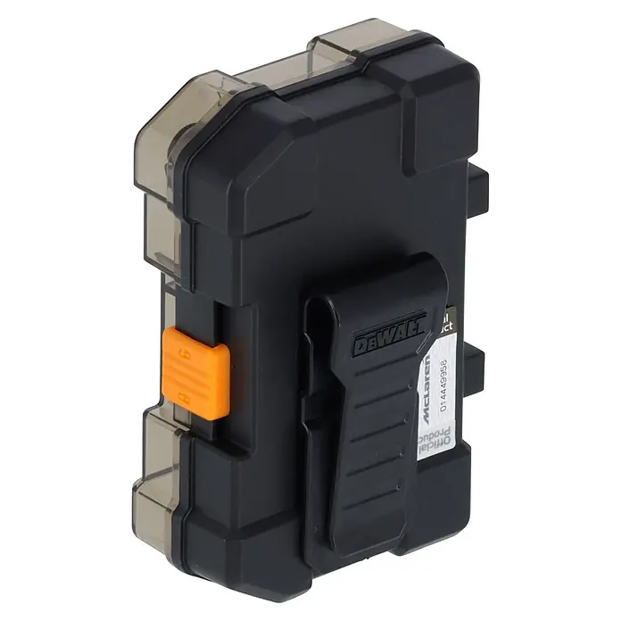 DeWalt Set de puntas McLaren - 24 pzs. - Estuche de herramientas negro con tapa transparente, cierre naranja y clip de cinturón DEWALT negro.