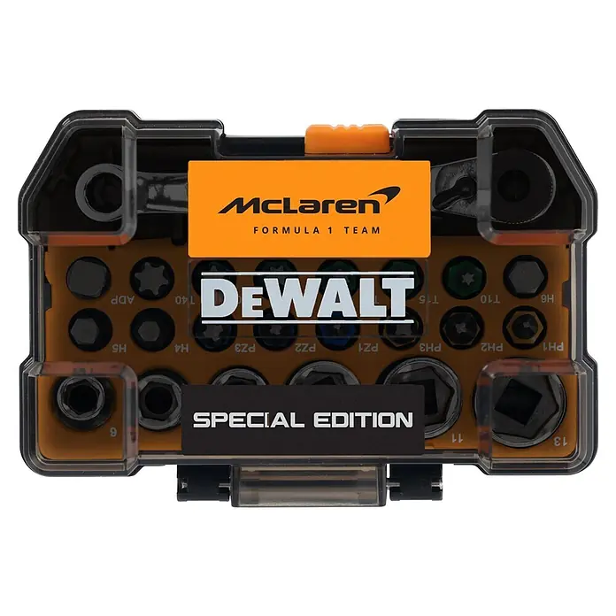 DeWalt Set de puntas McLaren - 24 pzs. - Juego de brocas DeWalt McLaren Edición Especial en un estuche transparente y amarillo, con varias puntas de destornillador y vasos.