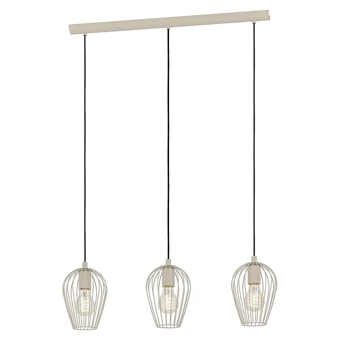 Eglo Pendelleuchte rund - 60 W, Sandfarben - Drei beigefarbene Pendelleuchten mit Drahtkäfigen und sichtbaren Glühbirnen, die an einer langen Stange hängen.