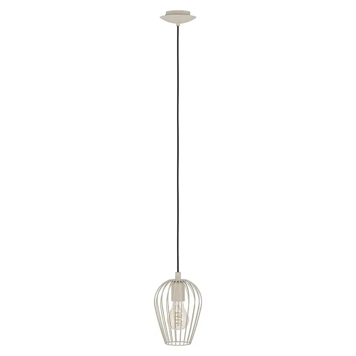 Eglo Pendelleuchte rund - Ø x H: 16 x 110 cm, Sandfarben - Hellbeige Pendelleuchte mit Drahtkäfigschirm, sichtbarer Glühbirne und schwarzem Kabel.