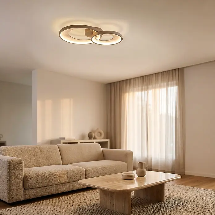 Eglo LED-Deckenleuchte rund Soft Beige - Ø x H: 30 x 14,5 cm, Sandfarben - Moderne Deckenleuchte mit zwei ineinandergreifenden, beleuchteten, matten Goldringen, die ein Wohnzimmer dezent beleuchten.