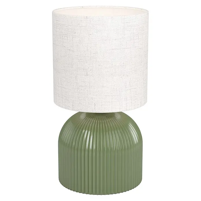 Eglo Tischleuchte Roscoso - 40 W, L x B x H: 14 x 14 x 26,5 cm, Grün, Beige, E14 - Tischlampe mit weißem Stoffschirm und grünem, gerilltem Keramikfuß.