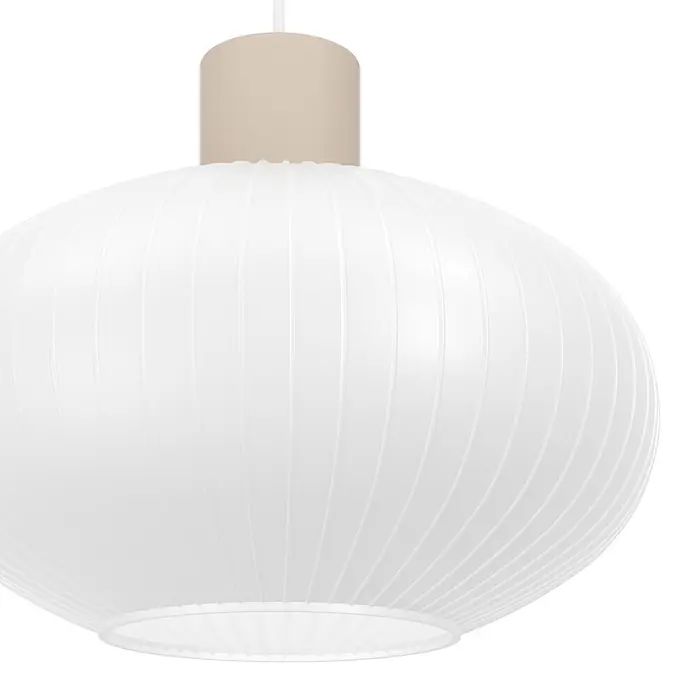 Eglo Pendelleuchte rund - 60 W, Ø x H: 25 x 110 cm, Sandfarben - Weiße gerippte kugelförmige Pendelleuchte mit beigefarbener Kappe.