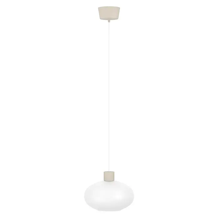 Eglo Pendelleuchte rund - 60 W, Ø x H: 25 x 110 cm, Sandfarben - Ovale, weiße Hängeleuchte mit Rippenstruktur, beigem Deckenbaldachin und Halterung.