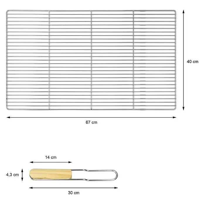ECD Germany Grillrost Grillplatte 67x40cm Rechteckig für Gasgrill Holzkohlegrill Feuerstelle - Edelstahl, Holz - Silbernes Metall-Grillrost (67x40 cm) und Grillwerkzeug mit Holzgriff (30 cm).