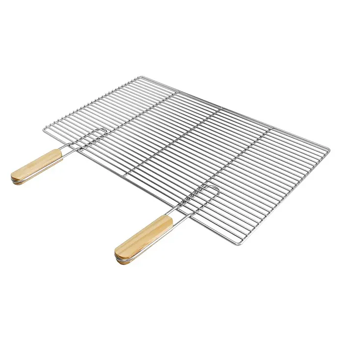 ECD Germany Grillrost Grillplatte 67x40cm Rechteckig für Gasgrill Holzkohlegrill Feuerstelle - Edelstahl, Holz - Silbernes Metall-Grillrost mit Holzgriffen, zum Grillen.