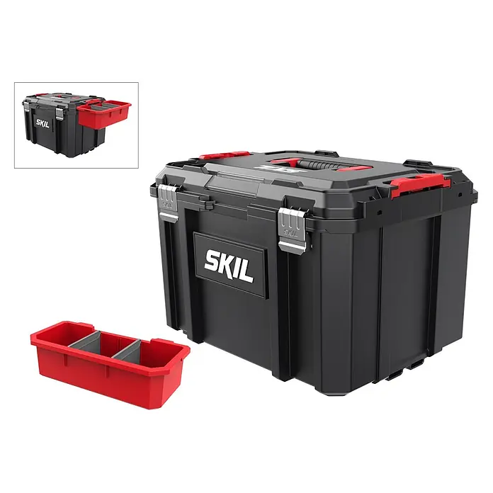 Skil Werkzeugkoffer 2610S01670 -  - Schwarzer SKIL Werkzeugkasten aus Kunststoff mit rotem Griff, silbernen Verschlüssen und herausnehmbarer roter Sortierbox mit Trennwänden.