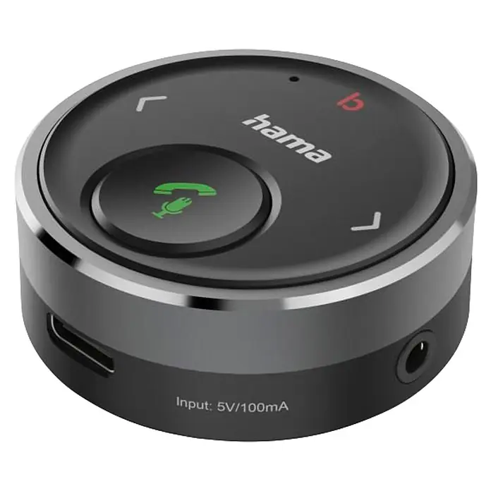 Hama Kfz-Ladegerät 00014173 für Kfz 35-mm-Stecker Sprachsteuerung Freisprechen - Schwarz - Runder dunkelgrauer Bluetooth-Empfänger mit Anruftaste, Lautstärkereglern, Micro-USB- und 3,5mm-Klinkenanschluss.