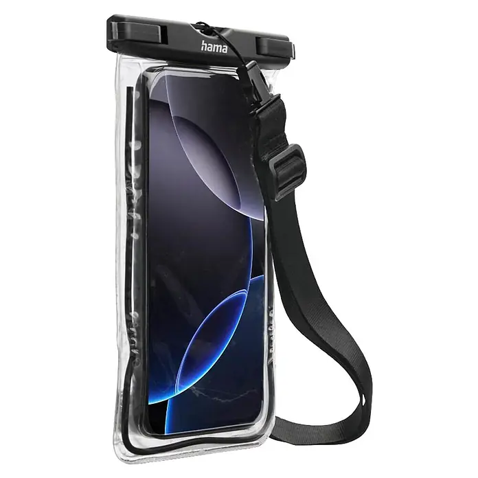 Hama Handyhalter 00019858 bis 67" IPX8 Unterwasserhülle zum Umhängen - Schwarz - Transparentes, wasserdichtes Handy-Etui mit schwarzem Verschluss und verstellbarem Band, schützt ein Smartphone mit dunklem Display.