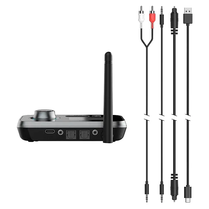 Hama Radio 00205322 "Link.it duo" Sender u. Empfänger Bluetooth nachrüsten - Schwarz - Ein schwarzer und silberner Audio-Empfänger/Sender mit Antenne, dazu Cinch-, 3,5-mm-Klinken- und USB-Kabel.