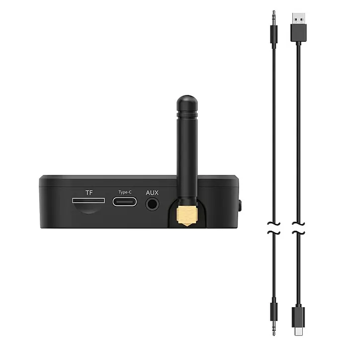 Hama Adapter 00205321 "Link.it solo" Empfänger Bluetooth nachrüsten an HiFi - Schwarz - Schwarzes Elektronikgerät mit Antenne, TF-, Typ-C-, AUX-Anschlüssen und zwei schwarzen Kabeln (3,5mm und USB-C).