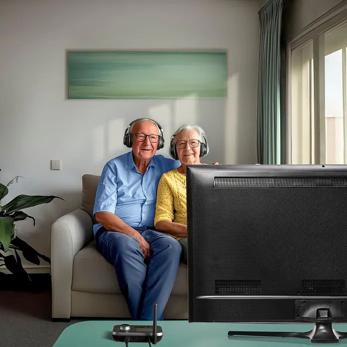 Hama Radio 00205322 "Link.it duo" Sender u. Empfänger Bluetooth nachrüsten - Schwarz - Älteres Paar nutzt schwarzen Audio-Transmitter auf Tisch, um TV mit Kopfhörern zu sehen, verbessert Barrierefreiheit.