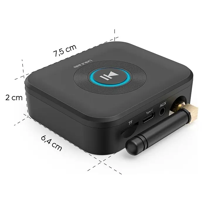 Hama Adapter 00205321 "Link.it solo" Empfänger Bluetooth nachrüsten an HiFi - Schwarz - Schwarzer rechteckiger "Link.it solo" Bluetooth-adapter mit externer Antenne, 7,5x6,4x2 cm, mit TF-, Type-C-, AUX-Anschlüssen.