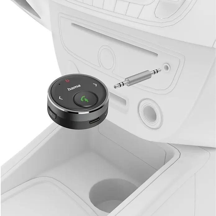 Hama Kfz-Ladegerät 00014173 für Kfz 35-mm-Stecker Sprachsteuerung Freisprechen - Schwarz - Schwarzer Hama Bluetooth Audio-Empfänger mit Ruftaste, Anschluss per 3,5mm Klinke für Auto-Audio.