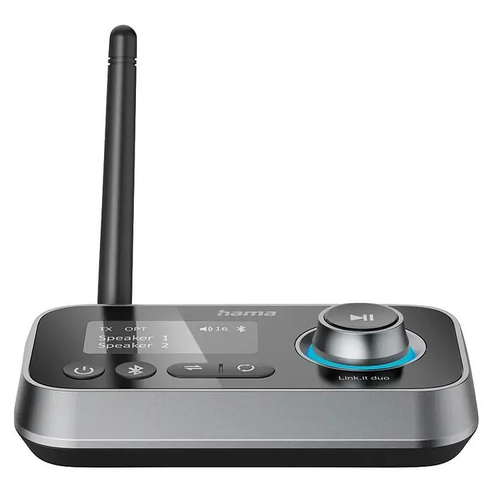 Hama Radio 00205322 "Link.it duo" Sender u. Empfänger Bluetooth nachrüsten - Schwarz - Schlanker grau-schwarzer Hama Link.it duo Audio-Sender/Empfänger mit Antenne, Display und beleuchtetem Drehregler.