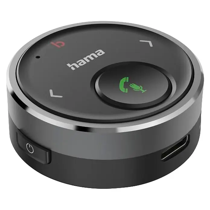 Hama Kfz-Ladegerät 00014173 für Kfz 35-mm-Stecker Sprachsteuerung Freisprechen - Schwarz - Rundes, dunkelgraues Bluetooth-Freisprechgerät mit silbernem Rand, Anruf-/Mikrofon-Taste, Steuerungstasten, Ein/Aus-Schalter und USB-Anschluss.