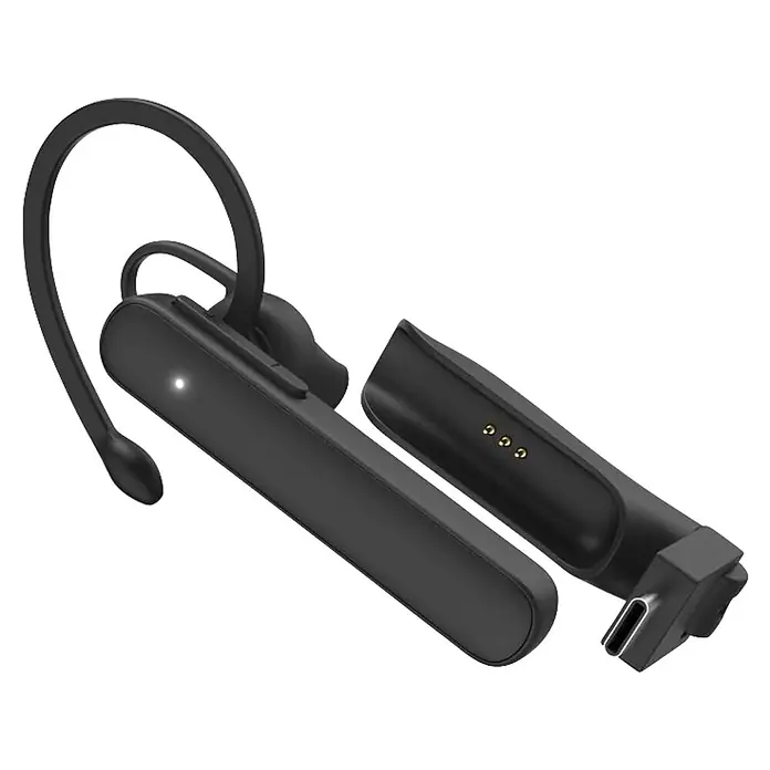 Hama Headset MyVoice Station On Ear Bluetooth - Schwarz - Schwarzes Bluetooth-Headset mit Ohrbügel und Mikrofon, neben seiner Ladestation mit USB-C-Anschluss.