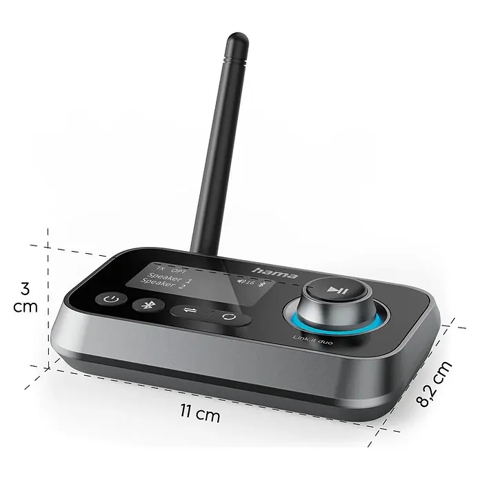 Hama Radio 00205322 "Link.it duo" Sender u. Empfänger Bluetooth nachrüsten - Schwarz - Dunkelgrauer Hama Link.it duo Bluetooth-Audioadapter mit Antenne, Display und Drehknopf, Maße 11x8,2x3 cm.
