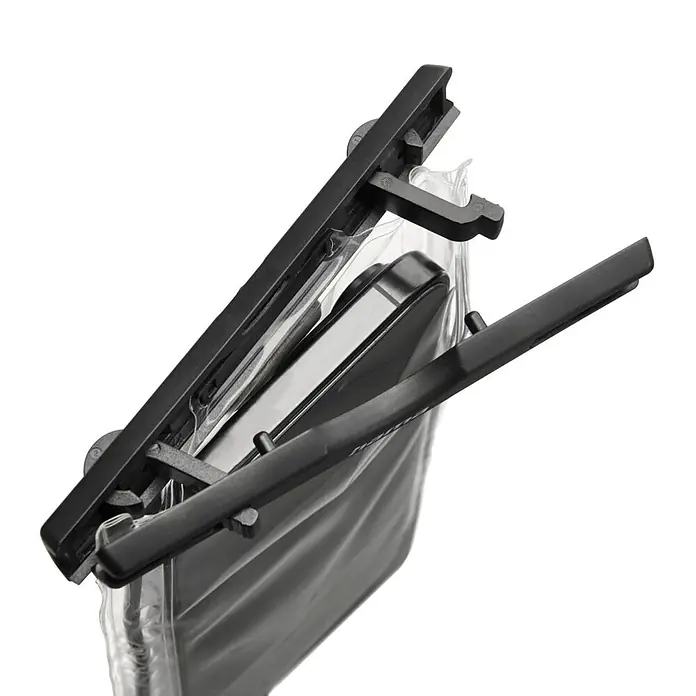 Hama Handyhalter 00019858 bis 67" IPX8 Unterwasserhülle zum Umhängen - Schwarz - Klare, wasserdichte Handyhülle aus Kunststoff mit schwarzem Verschluss, Smartphone sichtbar.