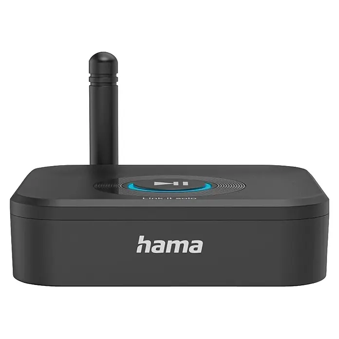 Hama Adapter 00205321 "Link.it solo" Empfänger Bluetooth nachrüsten an HiFi - Schwarz - Schwarzer Hama Link.it solo Bluetooth-Adapter mit Antenne und beleuchtetem Wiedergabe-/Pause-Knopf.