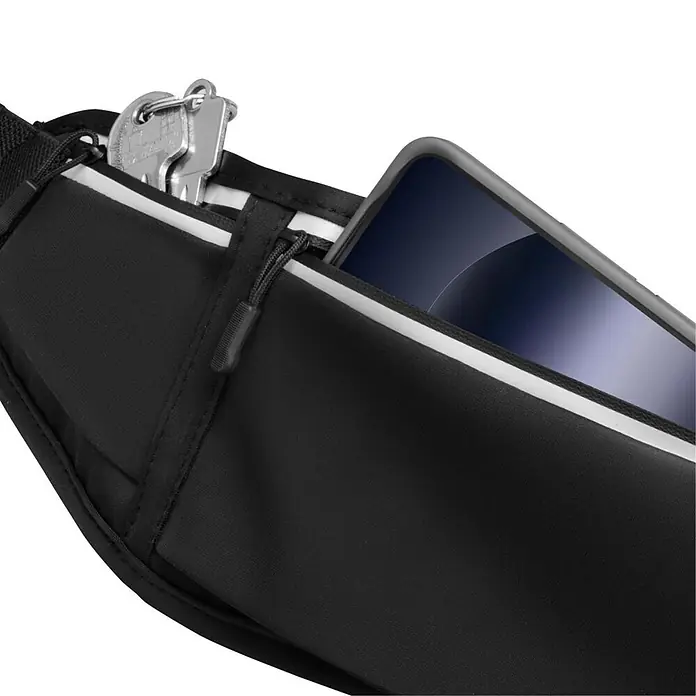 Hama Handyhalter 00019859 für Handys Laufgürtel zum Joggen reflektierend - Schwarz - Schwarzer Laufgürtel mit Smartphone und Schlüsseln in seinen Fächern.