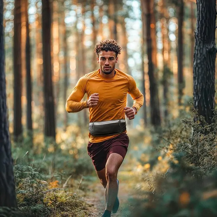 Hama Handyhalter 00019859 für Handys Laufgürtel zum Joggen reflektierend - Schwarz - Schwarze Laufgürteltasche mit reflektierenden Streifen, von einem Mann beim Outdoor-Lauf getragen.