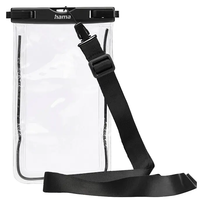 Hama Handyhalter 00019858 bis 67" IPX8 Unterwasserhülle zum Umhängen - Schwarz - Transparente wasserdichte Tasche mit schwarzem verstellbarem Gurt.