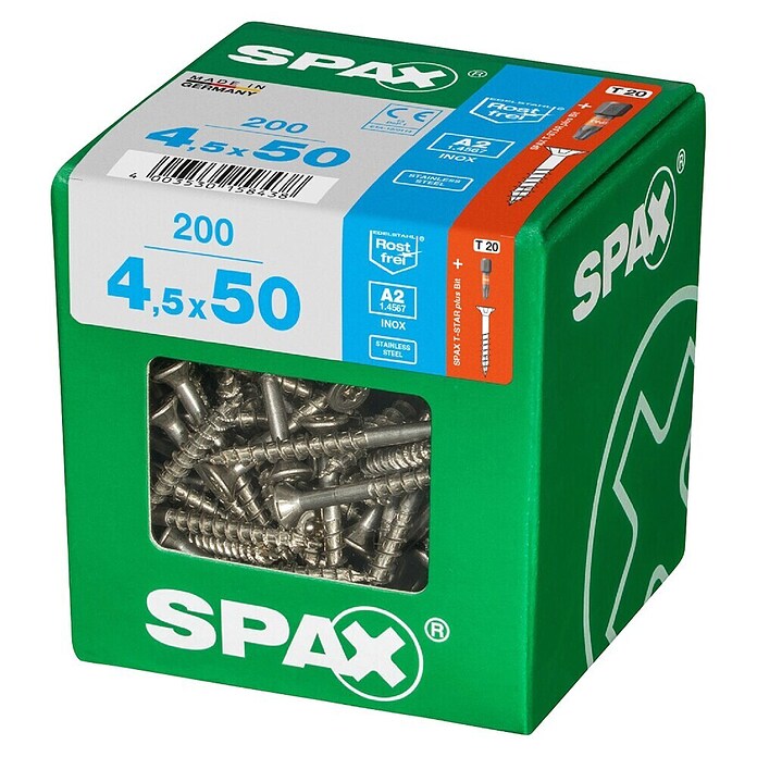 Spax T-Star plus Vijak z vgrezno glavo nerjaveči  (Ø x Do: 4,5 x 50 mm, Nerjavno jeklo, 200 kos, Delni navoj) | 1046 - Mehrzweckschrauben verpackt | AADB - Schrauben verpackt | AAD - Kleineisenwaren | AA - Eisenwaren | A - Eisenwaren | BAUHAUS