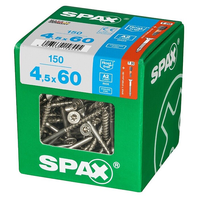 Spax T-Star plus Vijak z vgrezno glavo nerjaveči  (Ø x Do: 4,5 x 60 mm, Nerjavno jeklo, 150 kos, Delni navoj) | 1046 - Mehrzweckschrauben verpackt | AADB - Schrauben verpackt | AAD - Kleineisenwaren | AA - Eisenwaren | A - Eisenwaren | BAUHAUS