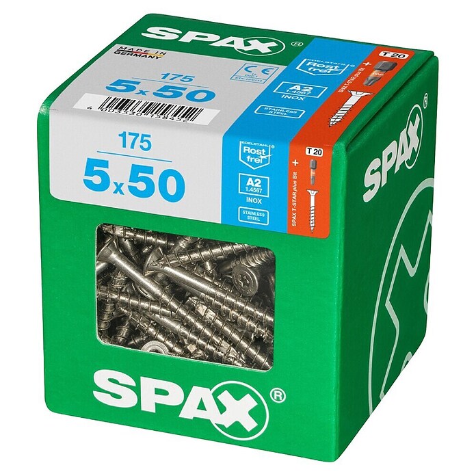 Spax T-Star plus Vijak z vgrezno glavo nerjaveči  (Ø x Do: 5 x 50 mm, Nerjavno jeklo, 175 kos, Delni navoj) | 1046 - Mehrzweckschrauben verpackt | AADB - Schrauben verpackt | AAD - Kleineisenwaren | AA - Eisenwaren | A - Eisenwaren | BAUHAUS