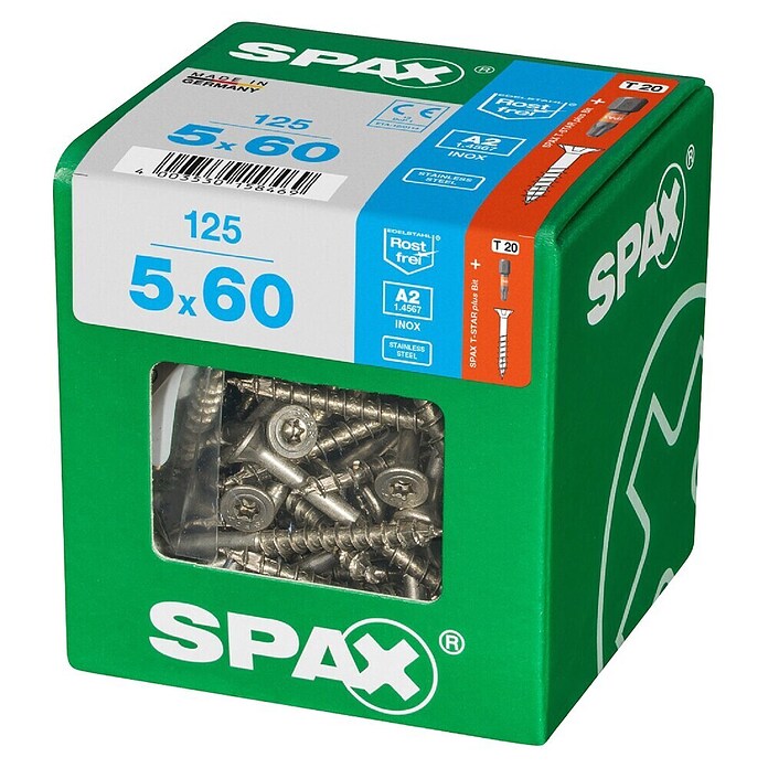 Spax T-Star plus Vijak z vgrezno glavo nerjaveči  (Ø x Do: 5 x 60 mm, Nerjavno jeklo, 125 kos, Delni navoj) | 1046 - Mehrzweckschrauben verpackt | AADB - Schrauben verpackt | AAD - Kleineisenwaren | AA - Eisenwaren | A - Eisenwaren | BAUHAUS