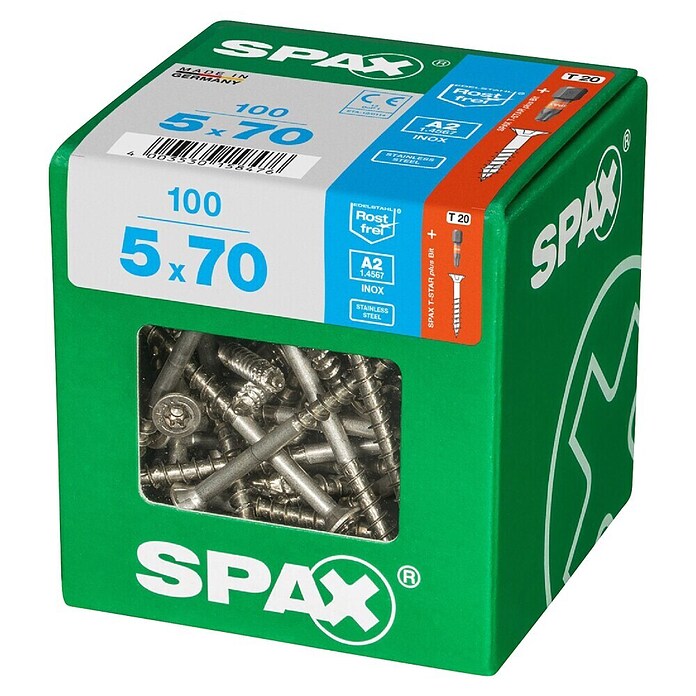 Spax T-Star plus Vijak z vgrezno glavo nerjaveči  (Ø x Do: 5 x 70 mm, Nerjavno jeklo, 100 kos, Delni navoj) | 1046 - Mehrzweckschrauben verpackt | AADB - Schrauben verpackt | AAD - Kleineisenwaren | AA - Eisenwaren | A - Eisenwaren | BAUHAUS