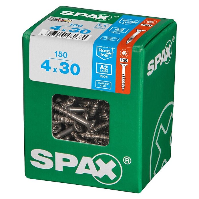 Spax T-Star plus Vijak z vgrezno glavo nerjaveči  (Ø x Do: 4 x 30 mm, Nerjavno jeklo, 150 kos, Delni navoj) | 1046 - Mehrzweckschrauben verpackt | AADB - Schrauben verpackt | AAD - Kleineisenwaren | AA - Eisenwaren | A - Eisenwaren | BAUHAUS