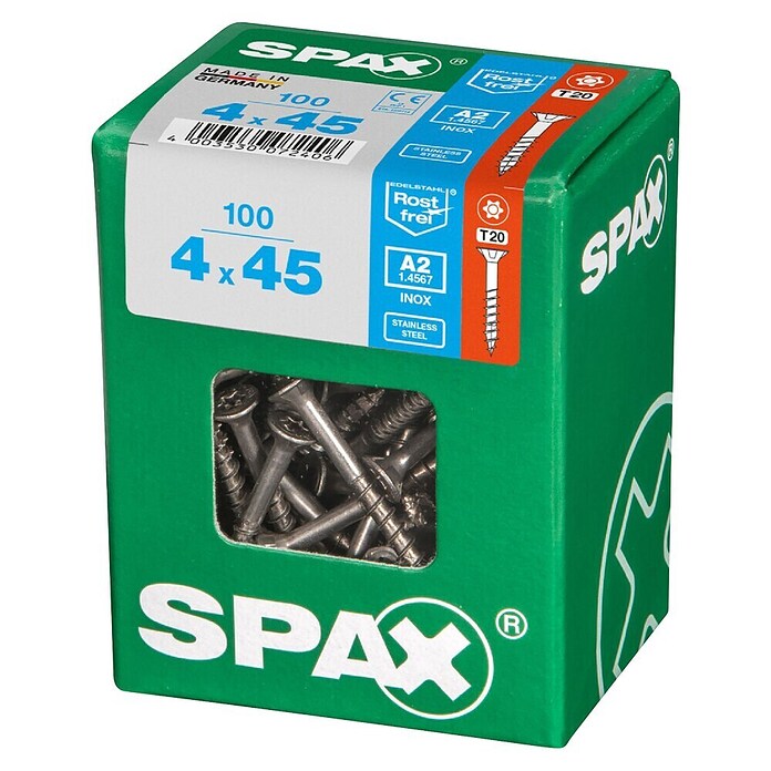 Spax T-Star plus Vijak z vgrezno glavo nerjaveči  (Ø x Do: 4 x 45 mm, Nerjavno jeklo, 100 kos, Delni navoj) | 1046 - Mehrzweckschrauben verpackt | AADB - Schrauben verpackt | AAD - Kleineisenwaren | AA - Eisenwaren | A - Eisenwaren | BAUHAUS
