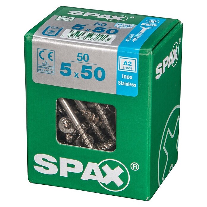 Spax T-Star plus Vijak z vgrezno glavo nerjaveči  (Ø x Do: 5 x 50 mm, Nerjavno jeklo, 50 kos, Delni navoj) | 1046 - Mehrzweckschrauben verpackt | AADB - Schrauben verpackt | AAD - Kleineisenwaren | AA - Eisenwaren | A - Eisenwaren | BAUHAUS