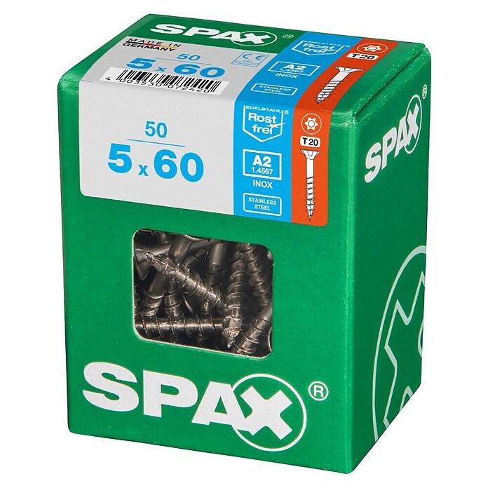 Spax T-Star plus Vijak z vgrezno glavo nerjaveči  (Ø x Do: 5 x 60 mm, Nerjavno jeklo, 50 kos, Delni navoj) | 1046 - Mehrzweckschrauben verpackt | AADB - Schrauben verpackt | AAD - Kleineisenwaren | AA - Eisenwaren | A - Eisenwaren | BAUHAUS