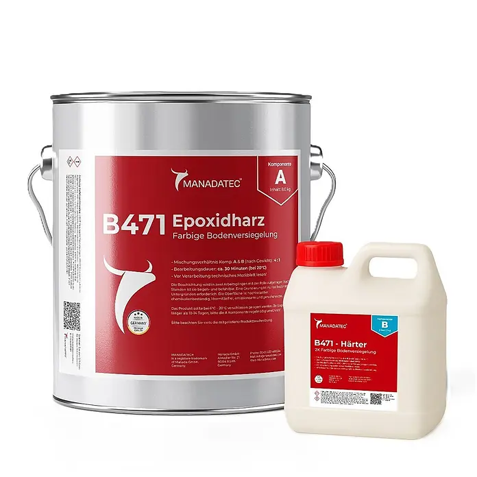 MANADATEC Fußbodenversiegelung 2K Epoxidharz Bodenbeschichtung B 471 - RAL 7001 silbergrau, Glänzend, 10 kg, Sonstiges - Zwei-Komponenten-Epoxidharz für Bodenversiegelung: große Dose (Komponente A) und kleiner Kanister (Komponente B) mit roten Etiketten.