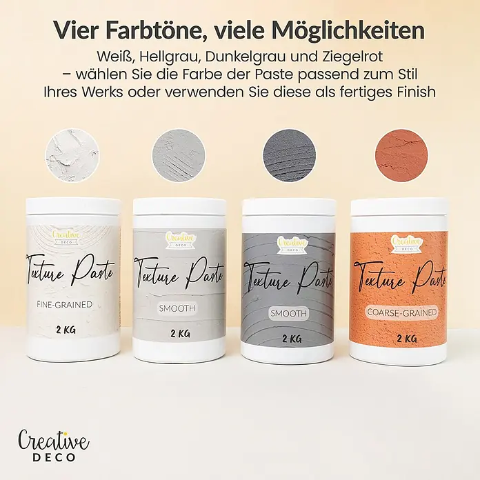 Creative Deco Speziallack Strukturpaste Feinkörnig 2 kg Ziegelrot - Rot, Sonstiges, 2 l, Sonstiges - Vier Behälter Texturpaste: Weiß (feinkörnig), Hellgrau (glatt), Dunkelgrau (glatt), Ziegelrot (grobkörnig).