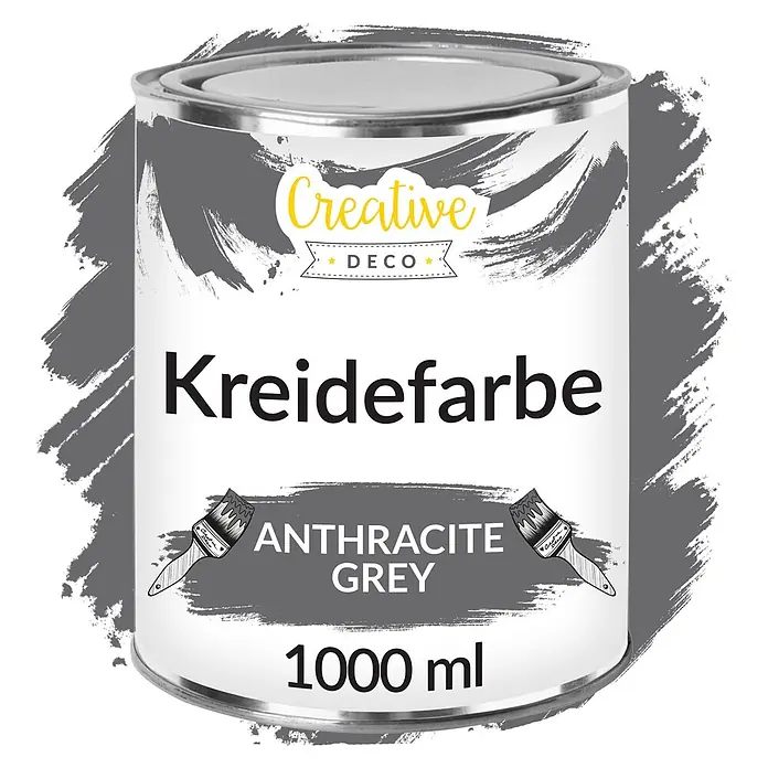 Creative Deco Speziallack Kreidefarbe für Möbel Anthrazitgrau - Grau, Matt, 1 l, Wasserbasiert - Dose 'Creative Deco Anthracite Grey' Kreidefarbe, 1000 ml, mit grauen Pinselstrichen auf dem Etikett.