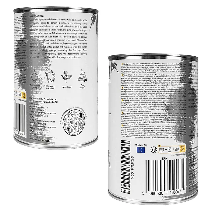 Creative Deco Speziallack Kreidefarbe für Möbel Anthrazitgrau - Grau, Matt, 1 l, Wasserbasiert - Eine Metallbüchse mit weißem Etikett für Creative Deco Farbe/Wachs, mit Anwendungshinweisen und Produktinformationen.