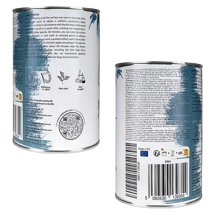 Creative Deco Speziallack Kreidefarbe für Möbel Jeans Blau - Blau, Matt, 1 l, Wasserbasiert - Weiße Farbdose mit blauen und schwarzen Etiketten, Gebrauchsanweisungen, Warnhinweisen und Produktinformationen.