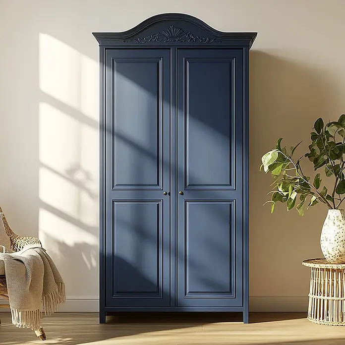 Creative Deco Speziallack Kreidefarbe für Möbel Jeans Blau - Blau, Matt, 1 l, Wasserbasiert - Dunkelblauer, verzierter Holzschrank in einem sonnigen Raum, neben einem Korbstuhl und einer Pflanze.
