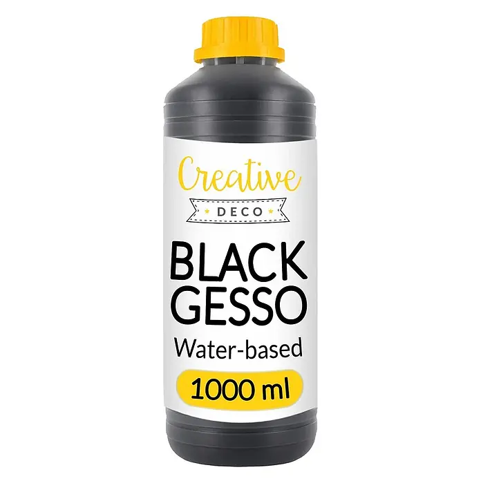 Creative Deco Speziallack Gesso Schwarz 1000ml - Schwarz, 1 l, Wasserbasiert - Schwarze Creative Deco Wasser-Gesso, 1000 ml Flasche mit gelbem Deckel.