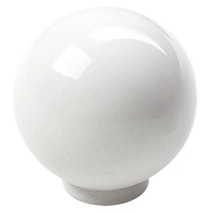 Möbelknopf - Typ Möbelgriff: Knopf, Ø x H: 25 x 26 mm, Kunststoff, Lackiert, Weiß - Nahaufnahme einer glänzenden, kugeligen weißen Lampe, die ein elegantes und schlichtes Design zeigt.