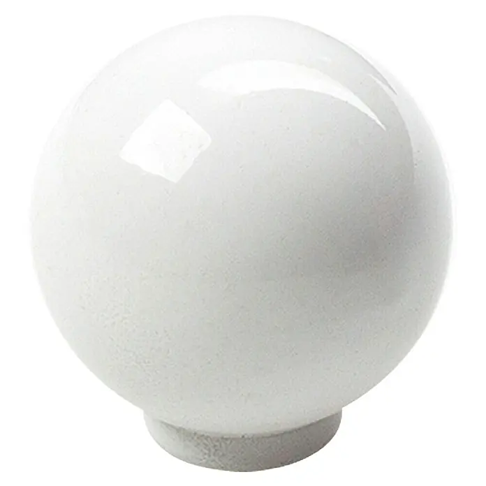 Möbelknopf - Typ Möbelgriff: Knopf, Ø x H: 25 x 26 mm, Kunststoff, Lackiert, Weiß - Nahaufnahme einer glänzenden, kugeligen weißen Lampe, die ein elegantes und schlichtes Design zeigt.