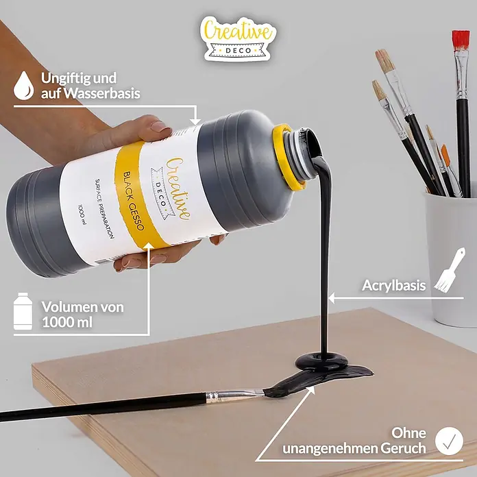 Creative Deco Speziallack Gesso Schwarz 1000ml - Schwarz, 1 l, Wasserbasiert - Creative DECO schwarzes Gesso (1000 ml), eine wasserbasierte, ungiftige Acryl-Oberflächenvorbereitung, wird auf Holz gegossen, mit einem Pinsel.
