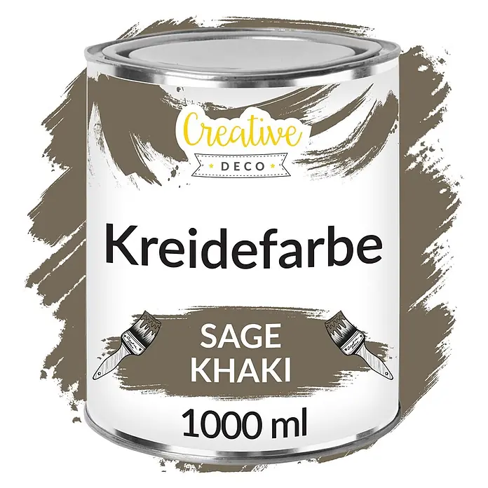 Creative Deco Speziallack Kreidefarbe für Möbel Khaki - Grün, Matt, 1 l, Wasserbasiert - Creative Deco 1000ml Kreidefarbe in Salbei Khaki Dose mit Pinselstrichen.