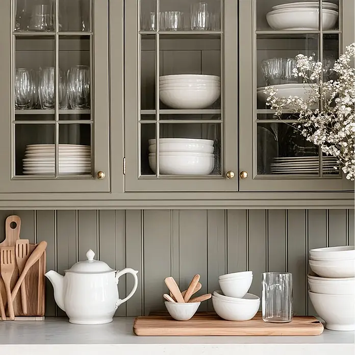 Creative Deco Speziallack Kreidefarbe für Möbel Khaki - Grün, Matt, 1 l, Wasserbasiert - Salbeigrüne Küchenschränke mit Glastüren zeigen weißes Geschirr und Gläser. Teekanne und Holzutensilien stehen auf der Theke.