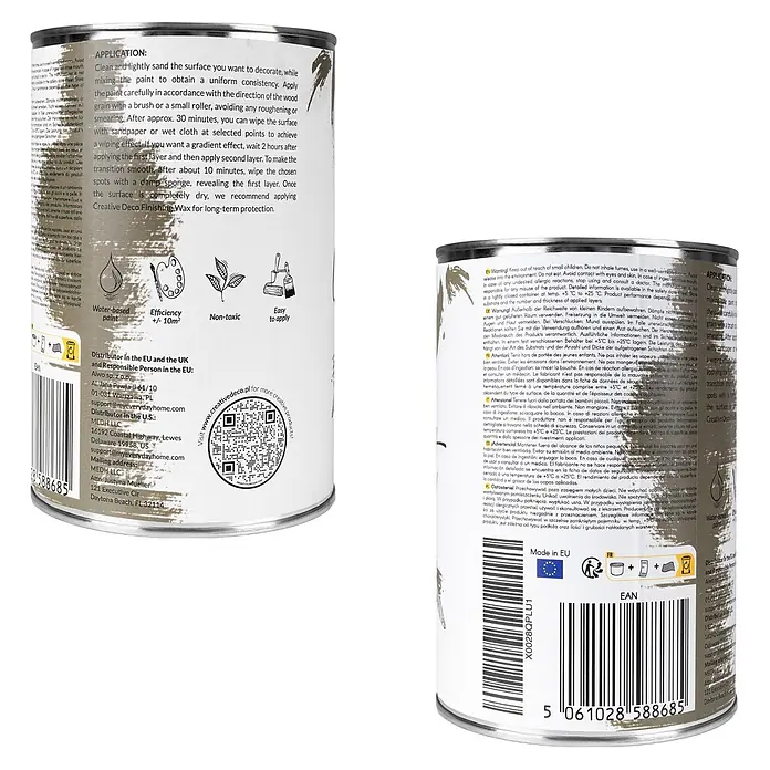 Creative Deco Speziallack Kreidefarbe für Möbel Khaki - Grün, Matt, 1 l, Wasserbasiert - Farb-/Wachs-Dose mit weißem Etikett, Anwendungshinweisen und Sicherheitshinweisen für Creative Deco Finishing Wax.